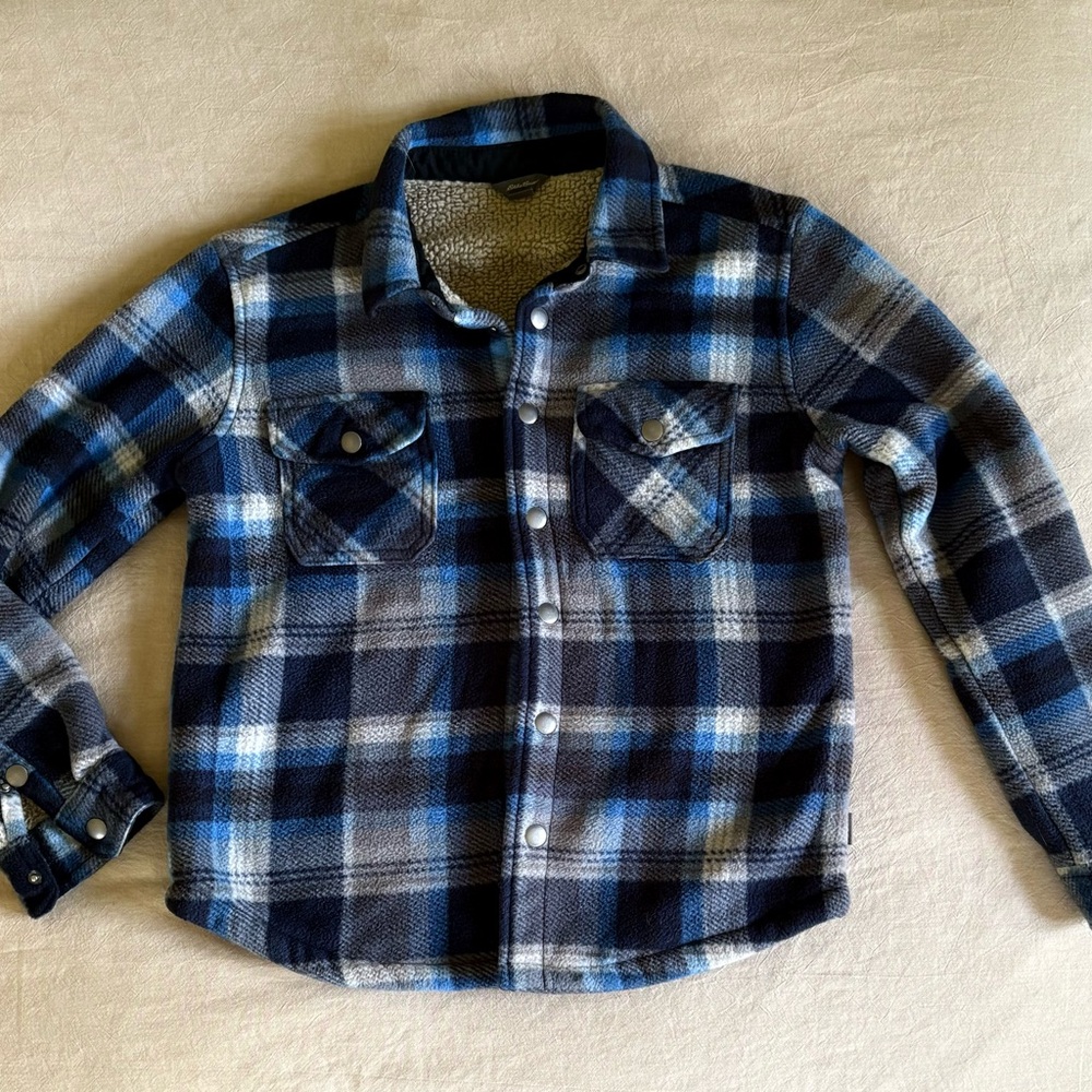 Eddie Bauer Blue and Black Plaid lined Button Down Shirt